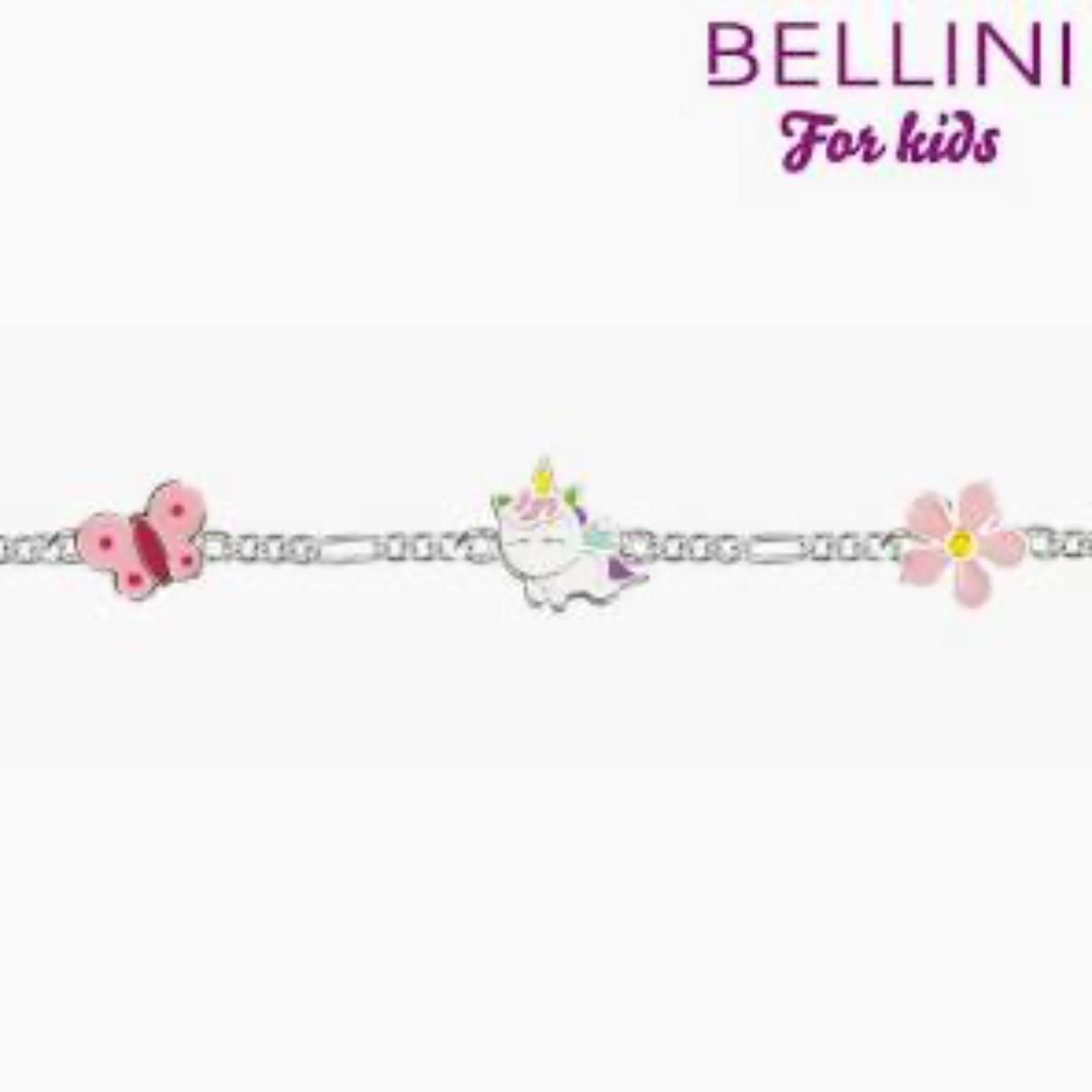 Bellini  zilveren armband verdeeld over de armband hangen een gekleurde vlinder, eenhoorn en bloem.. Lengte: 14 + 2cm