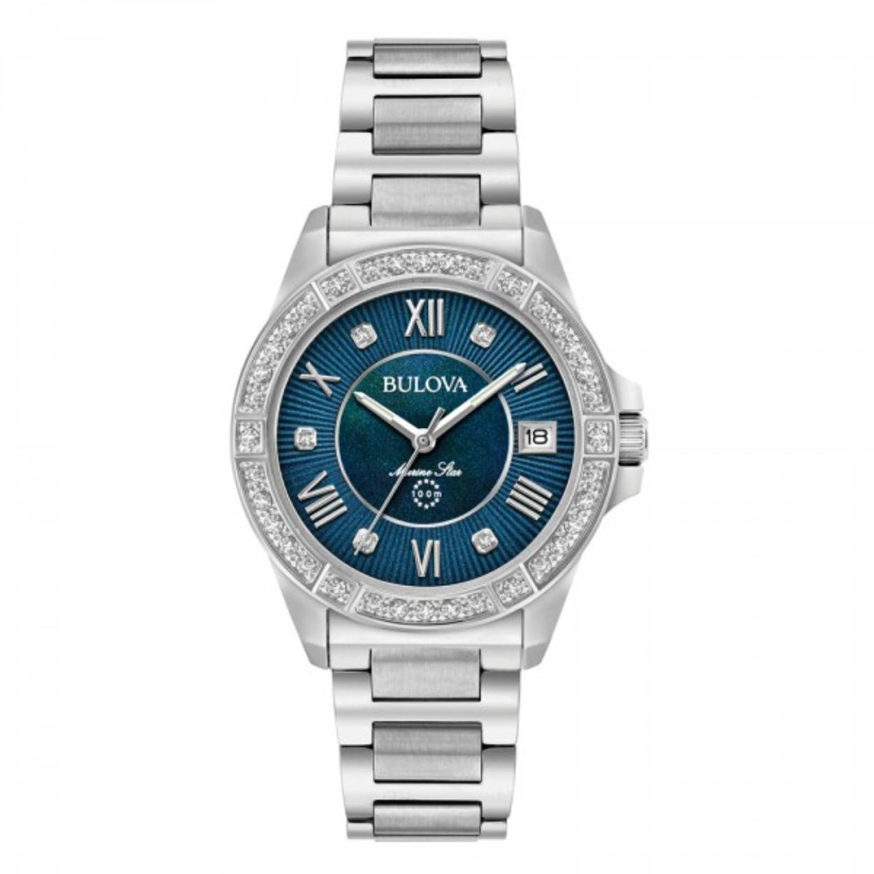 Prachtige dames horloge van Bulova met saffierglas, rondom gezet met briljant geslepen zirkonias 