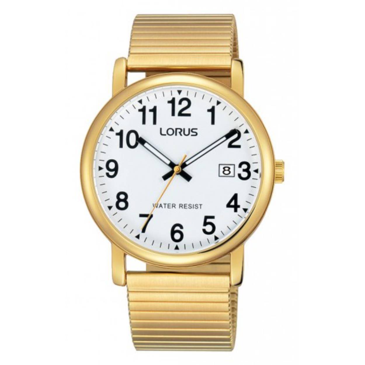 Lorus goudkleurig herenhorloge met rekband en datumweergave op de wijzerplaat.