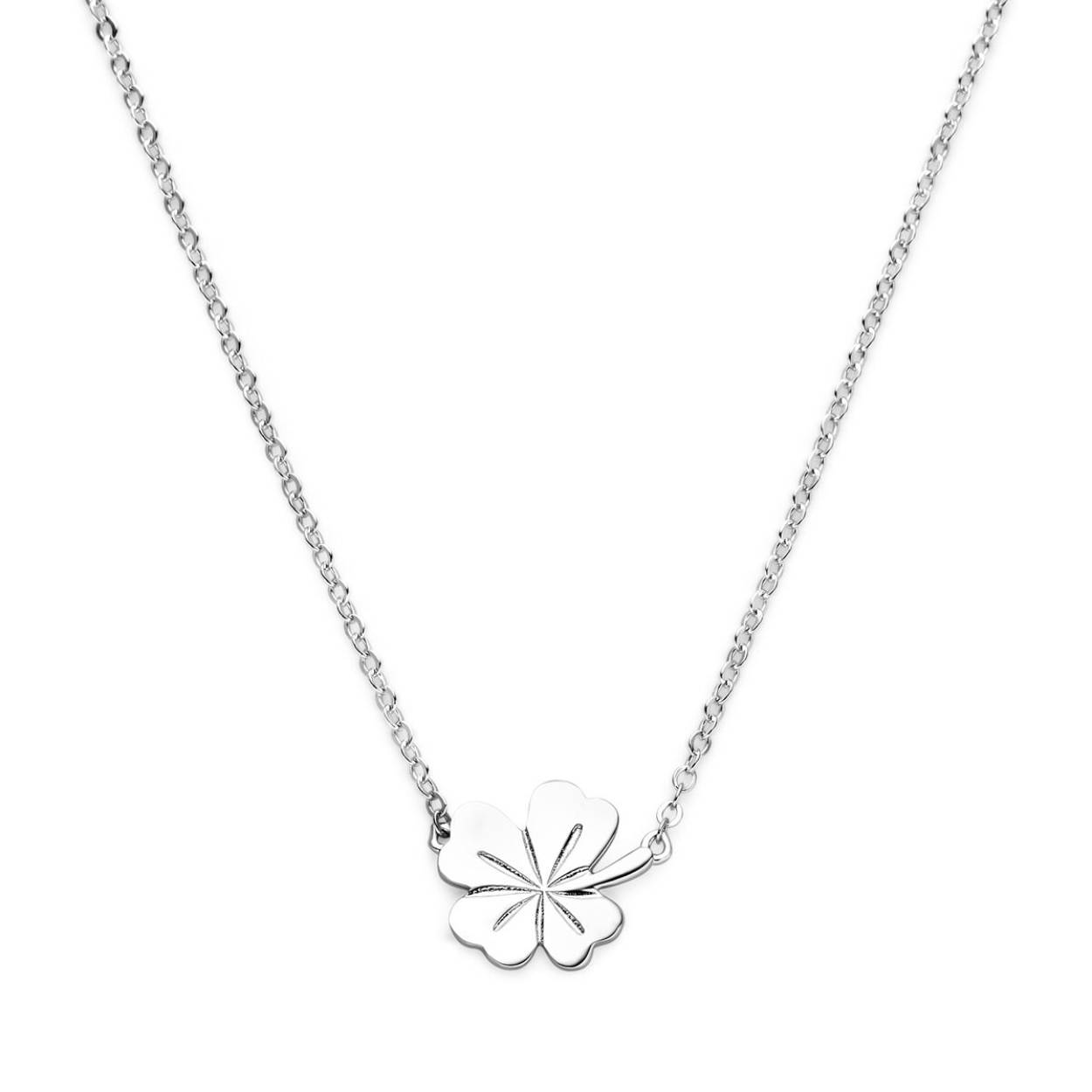 Gerhodineerd zilveren collier met een klavertje. De schakelbreedte is 1.3mm.