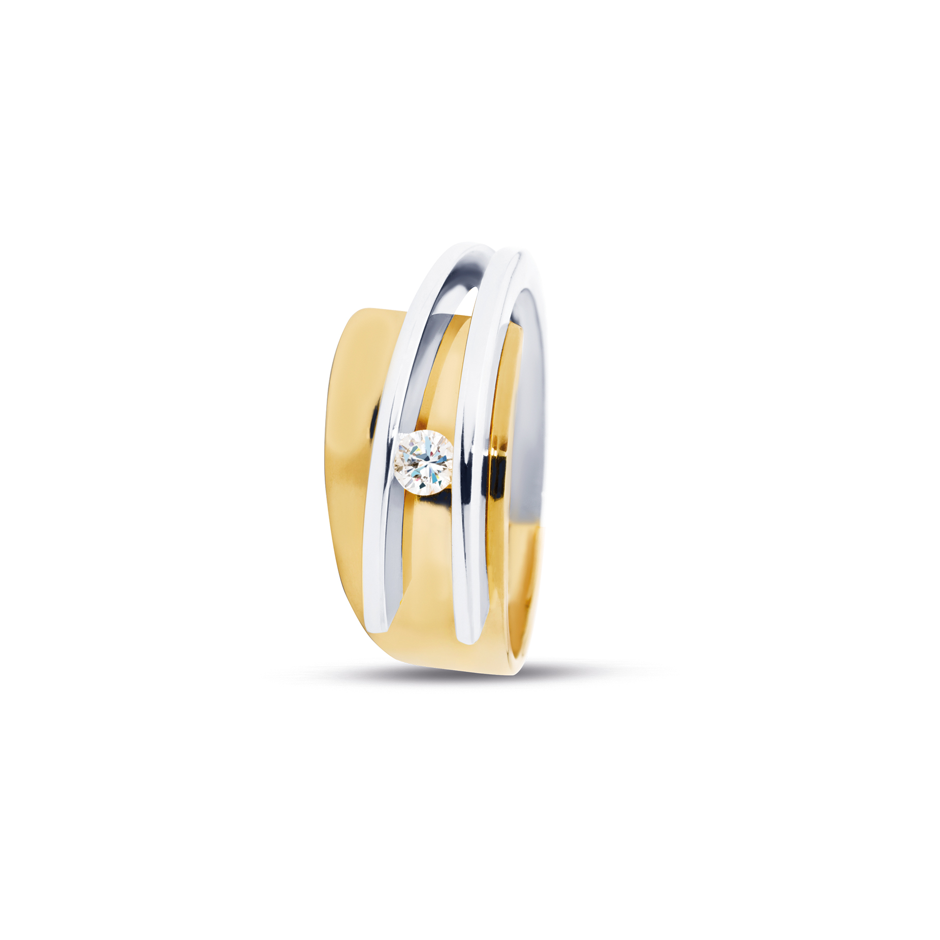 Bi-color Ring Galla 14kts goud met diamant, briljant geslepen.     
0,08crt si/river