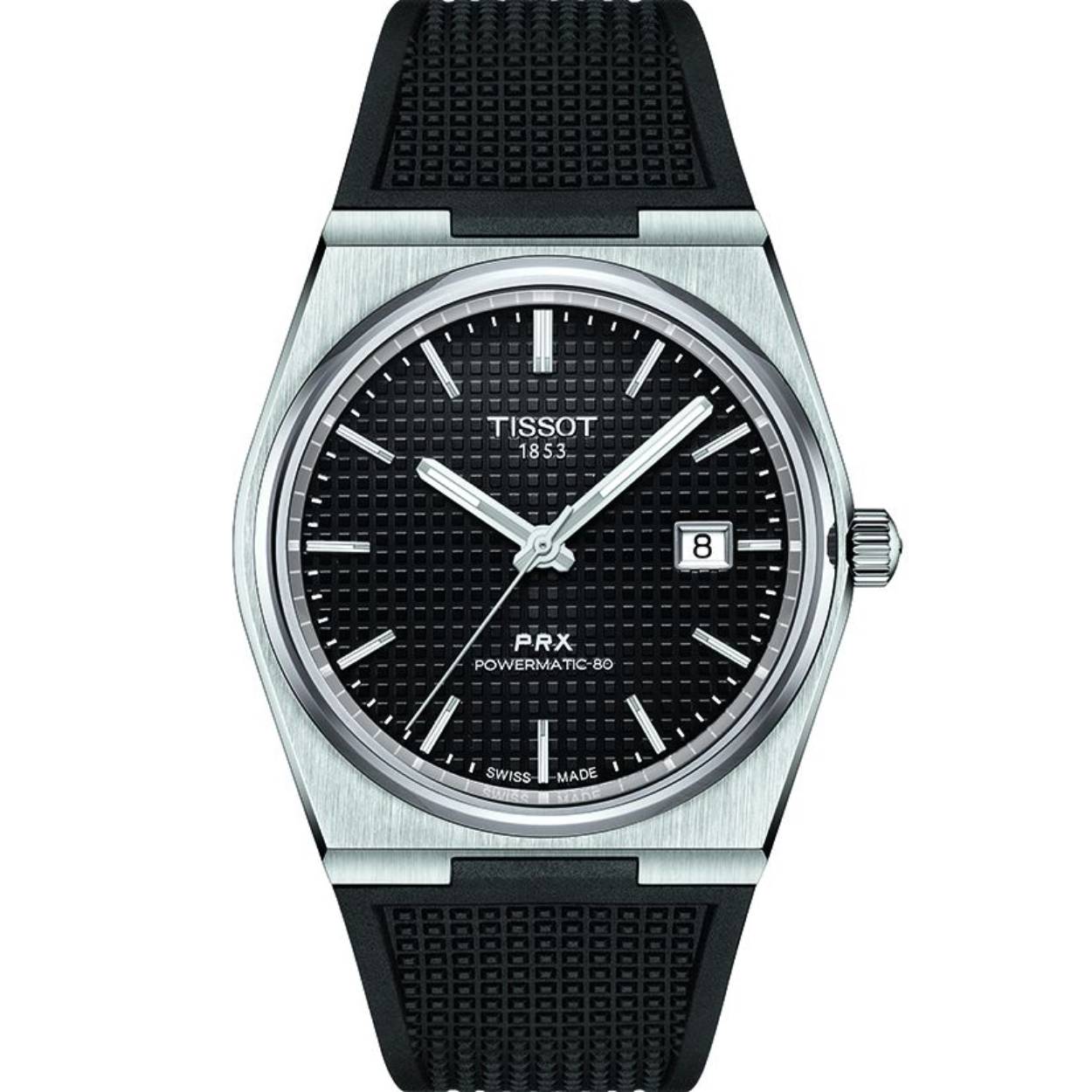 Dit Tissot PRX horloge heeft een stijlvolle zilveren roestvrijstalen kast, met een zwarte wijzerplaat en datumaanduiding, en rubberen band. De unieke octagonale vorm van de kast geeft het horloge een moderne uitstraling. Draag het bij formele en informele gelegenheden om je outfit compleet te maken. Het horloge is waterbestendig tot 100 meter diepte en heeft een elegante uitstraling. Perfect voor elke gelegenheid!