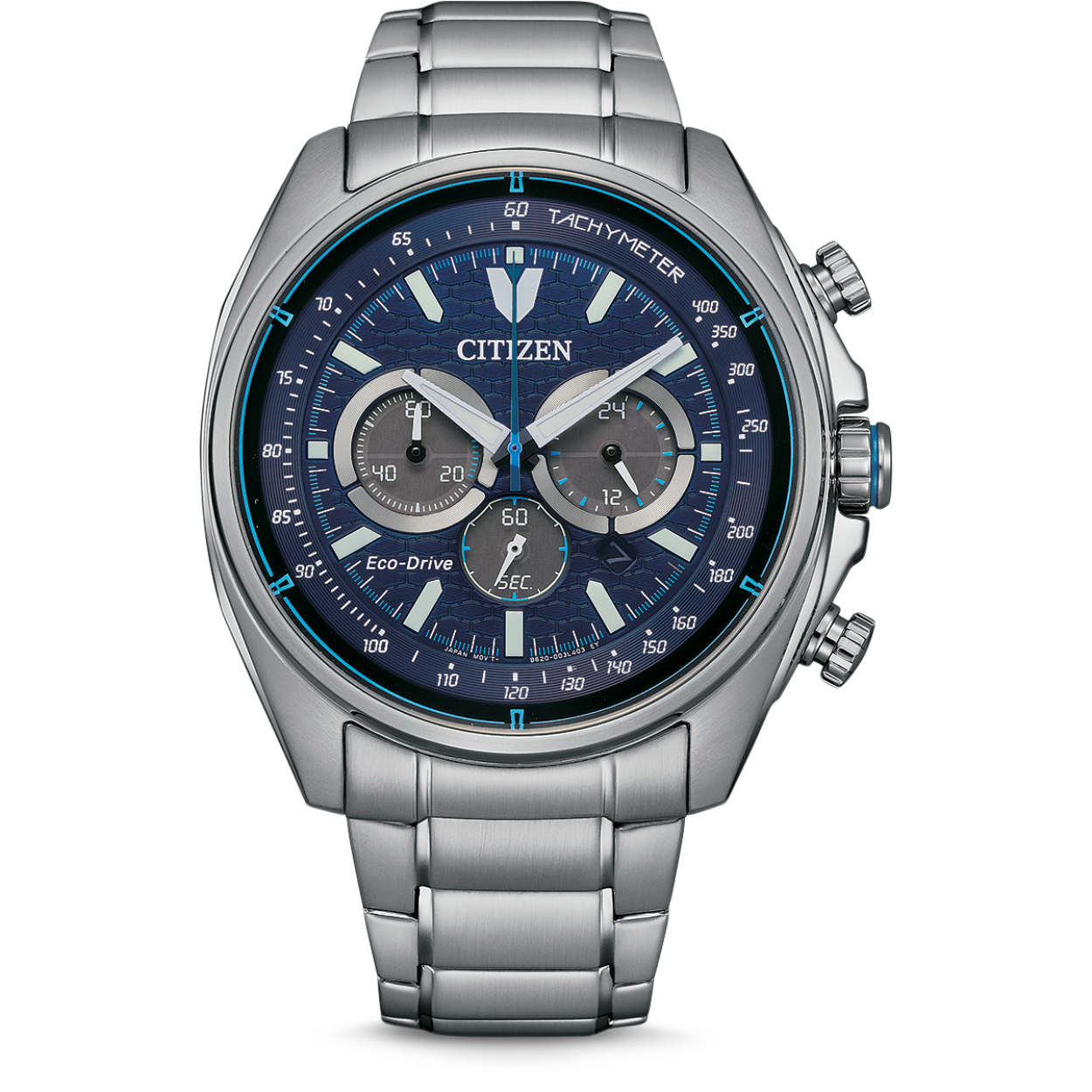 Citizenstalen horloge eco-drive chrono. Het horloge is  10 bar waterdicht. Een aantal functies, datum, Eco-Drive, Stopwatch: max.60 min,1/5 sec, +/- 15 sec per maand, 24 uurs weergave, 270 dagen, Batterij-ontladingsindicator