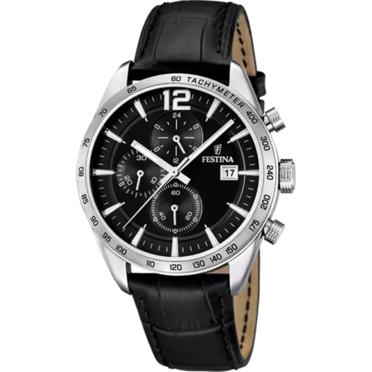 Festina chronograaf herenhorloge met zwarte, leren band en een roestvrij stalen horlogekast. De wijzerplaat is zwart met een datum aanduiding en een uitgebreide timer.