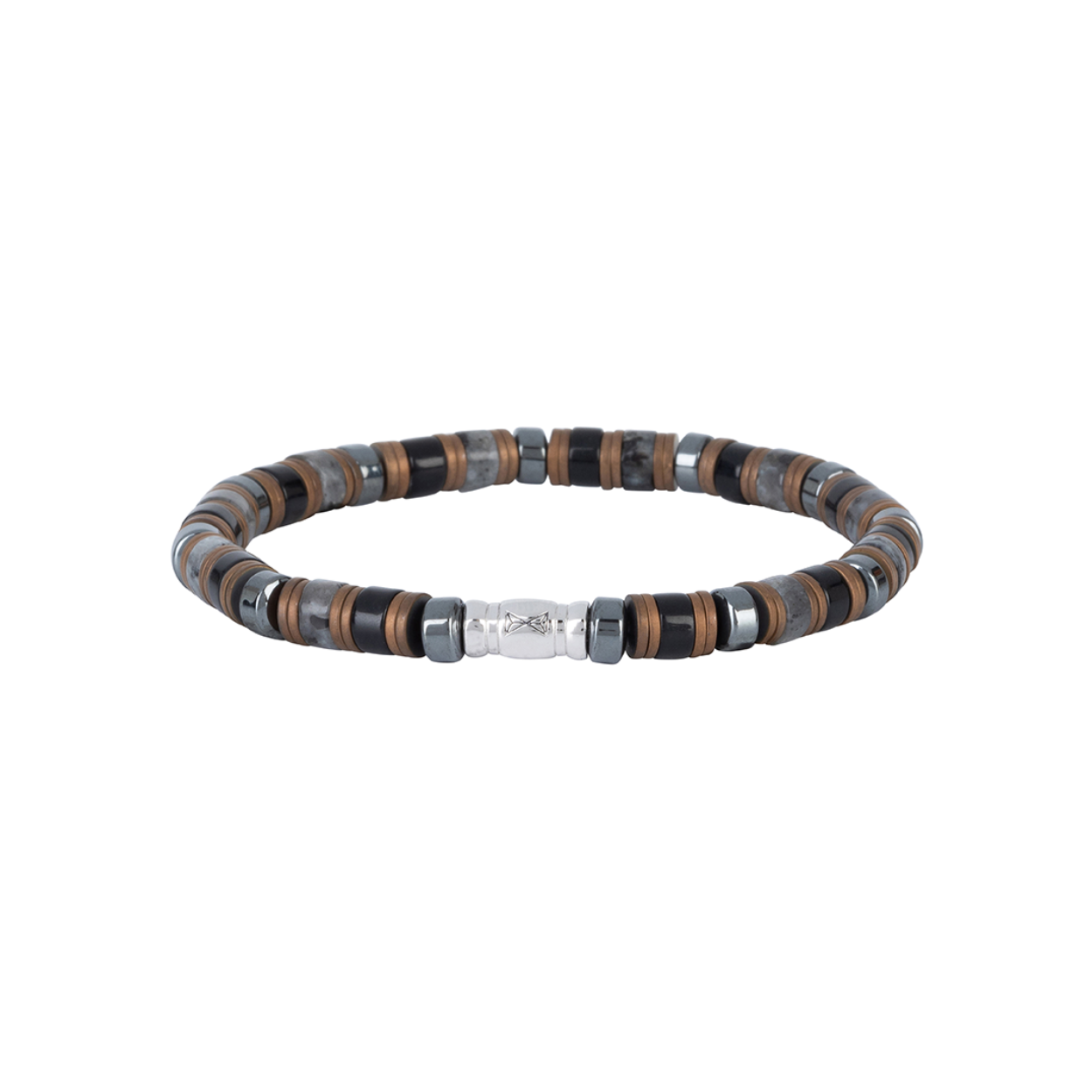 Gemaakt van 6 mm Hematiet, Onyx mat, Larvikite Grey edelsteenschijven. Deze armband is gemaakt van hoogwaardige schijfedelstenen die perfect combineert met zowel formele als casual kleding. Het sterke elastische koord houdt deze armband bij elkaar en zorgt voor een comfortabele pasvorm. Afgewerkt met een zilver 925 slot. Combineer deze armband met andere Aze sieraden en geef jouw look een stijlvolle extra touch.