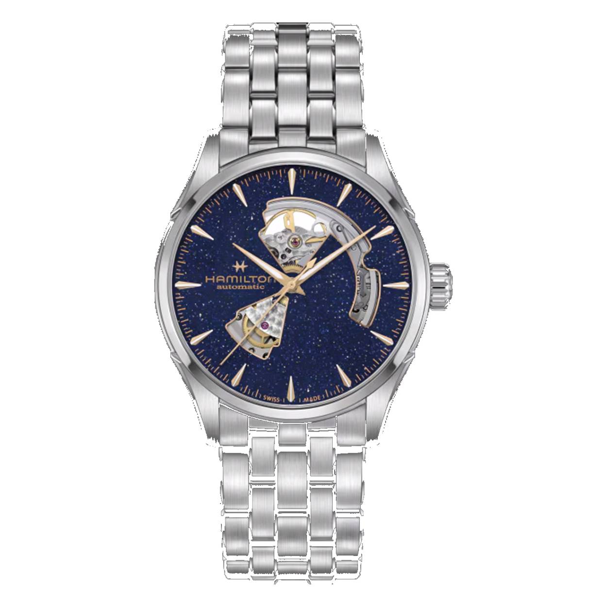 De Jazzmaster Open Heart biedt een inkijkje in het krachtige innerlijke mechanisme en laat precisie centraal staan met een nieuwe 42 mm wijzerplaat. Met een fascinerende, fonkelend middernachtblauwe wijzerplaat combineert dit opvallende horloge de moderniteit van stedelijke architectuur met de oneindigheid van de kosmos. De wijzerplaat toont het steeds verder ontwikkelende vakmanschap en de aandacht voor detail van Hamilton en zet het H-10 automatische uurwerk in de schijnwerpers. De Jazzmaster Open Heart Auto is voorzien van een gangreserve van 80 uur, een Nivachron™-balansveer en een geraffineerde roestvrijstalen horlogeband. Ontdek onze collectie dress watches.