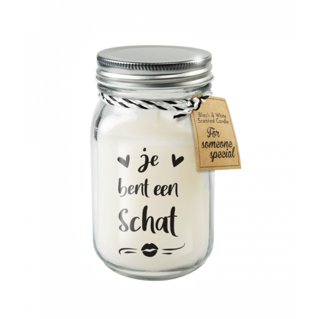 De black & white scented candles van Paper Dreams zijn een sfeervolle aanwinst voor uw winkel. Deze black and white scented candle met tekst Je bent een schat is verkrijgbaar in een mooie glazen pot, bevat 340 gram kaarsvet en heeft hierdoor ongeveer 80 branduren. Deze zwart witte geurkaarsen (vanille) zijn te bestellen per 3. Bestel het complete display en haal het hele assortiment in huis. Goede doorverkoop gegarandeerd!