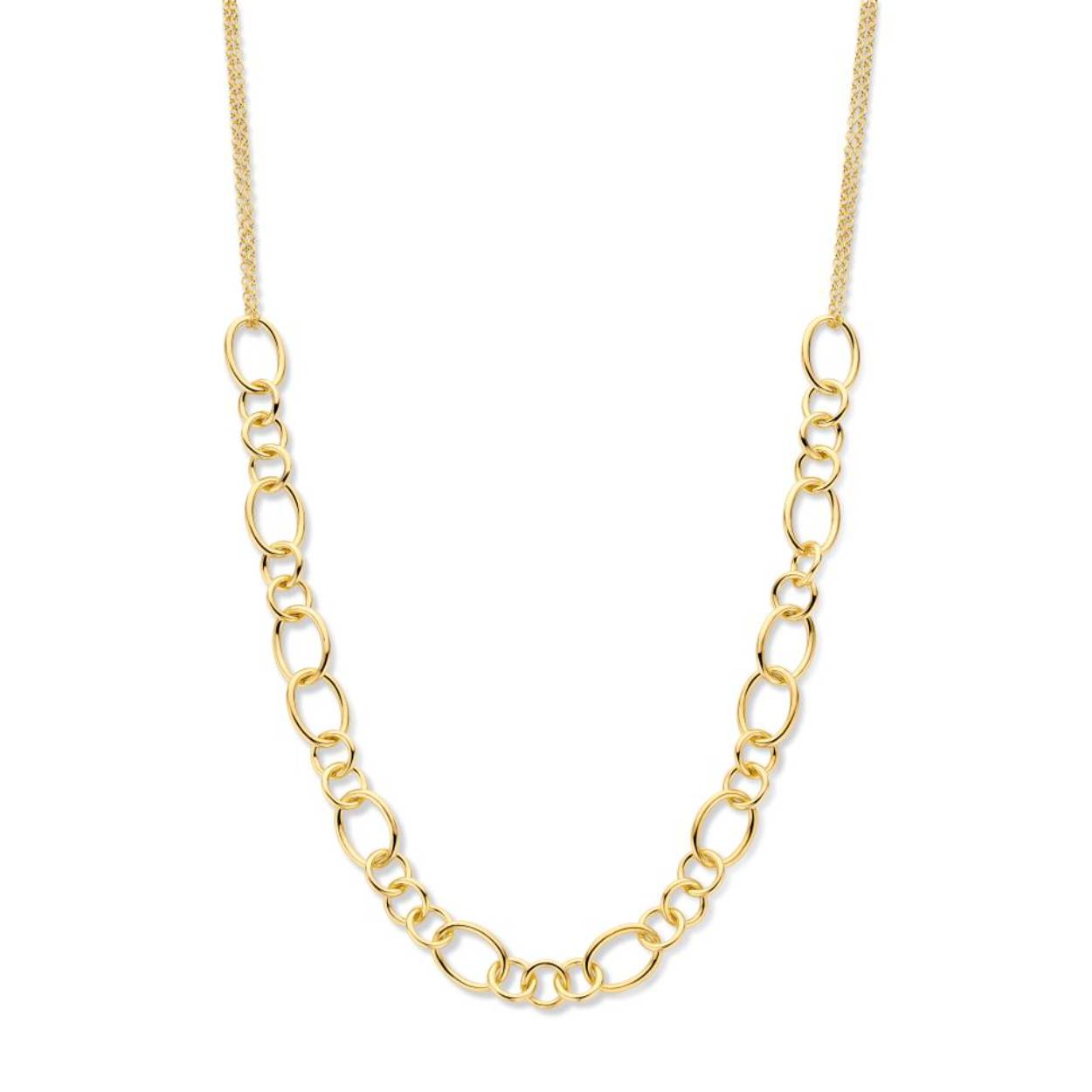 De ketting is vervaardigd uit zilver met een laag plaque goud. De
ketting heeft grote open en kleine open schakels.De ketting heeft de lengte van 5-42 cm.