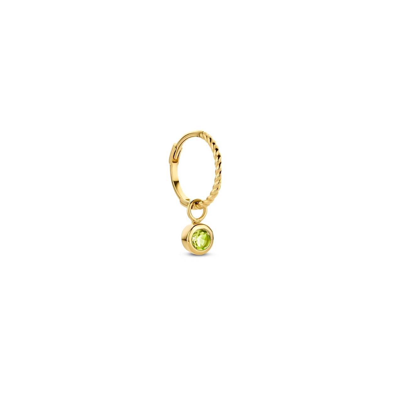De Jackie Peridot Single Earring bestaat uit de Jackie Peridot Single Earcharm en een 14K gouden Jackie Mini Twist Hoop. De mooie groene edelsteen staat voor groei en persoonlijke ontwikkeling.