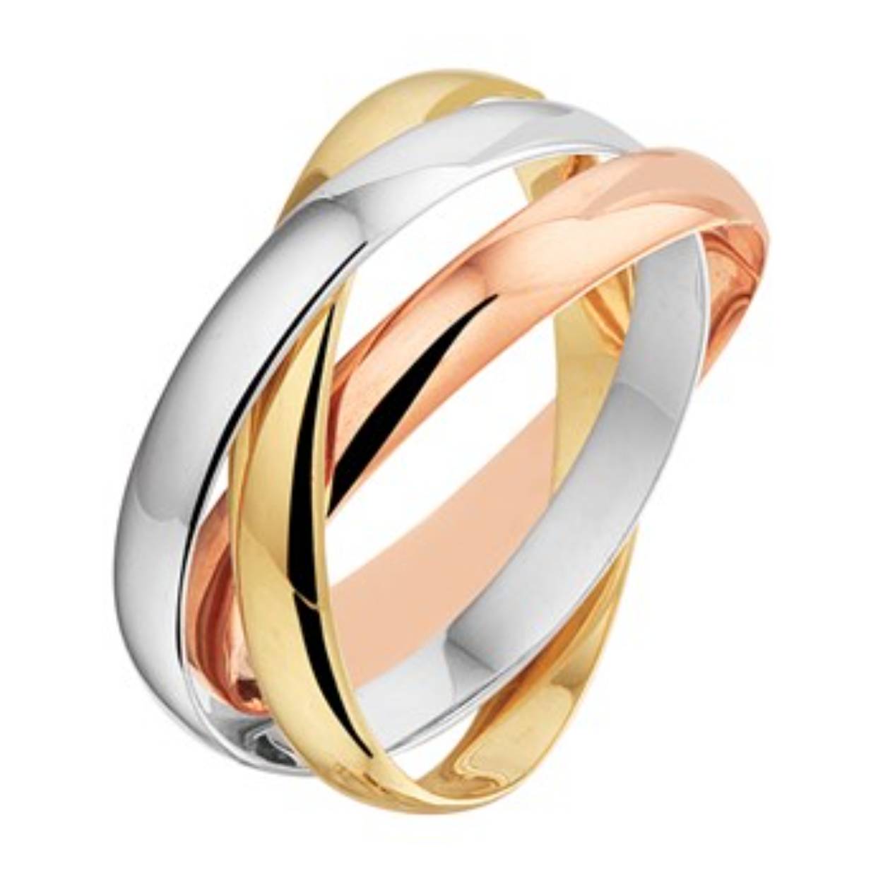 Tricolor wit-, rose- en geelgouden ring bestaande uit 3 in elkaar geplaaste losse ringen. De losse ringen hebben elk een breedte van 2.8mm. maat 17,5
