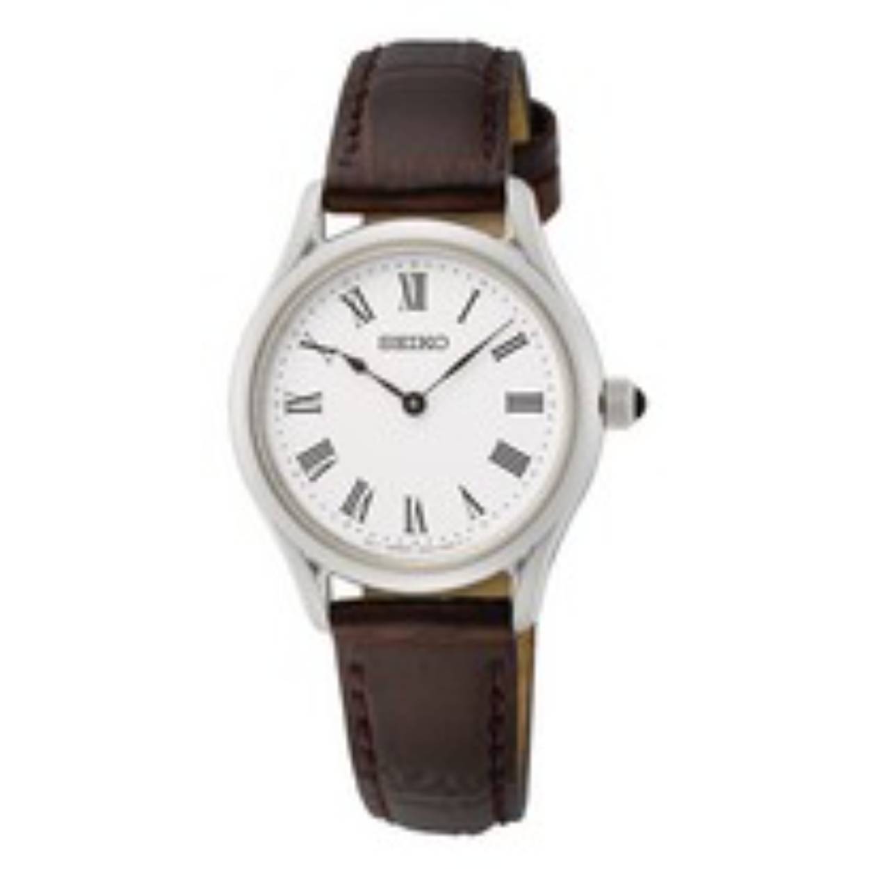 Dit is een dameshorloge van het merk Seiko. 

Het is een analoog horloge gemaakt van staal. 

De diameter van de kast is 29 mm mm en de kast is 7 mm mm dik.

Kastvorm: rond

Kastkleur: zilverkleurig

Kastmateriaal: staal

Bandbreedte: 13.5 mm

Wijzerplaatkleur: wit

Glassoort: saffier glas

Waterdichtheid: 5 ATM

Techniek: quartz