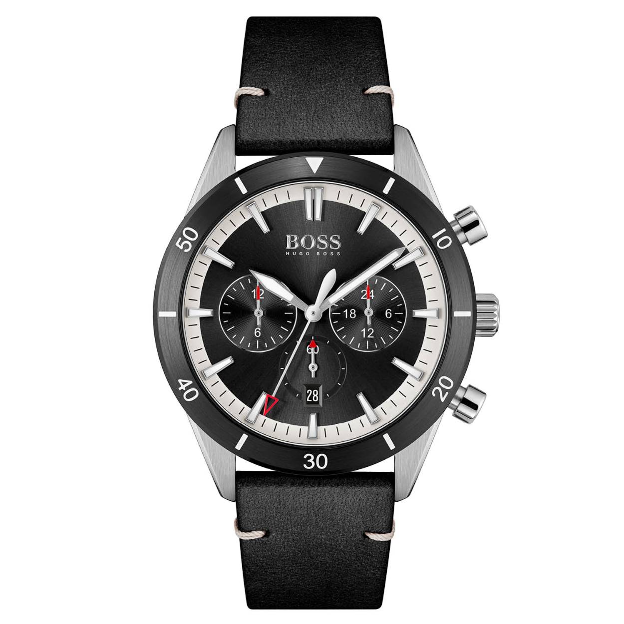 Dit horloge komt uit de Santiago collectie.

Dit stijlvolle horloge van Hugo Boss is een horloge met een Quartz uurwerk. Het horloge heeft een diameter van 44 mm, en is 11 mm dik. De weergave van de tijd is analoog. Verder is het horloge voorzien van een Mineraal horlogeglas. Het horloge is 5 bar (douchen) waterdicht, en heeft een  zwart leren band.