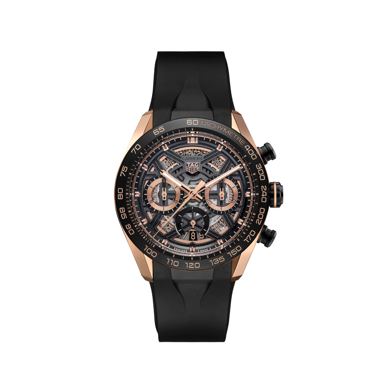 Dit TAG Heuer horloge behoort tot de Carrera Extreme Sport collectie.
Referentienummer: CBU2050.FT6273

Audacity meets elegance in deze unieke TAG Heuer Carrera Chronograph. Met zijn skeleton ontwerp en roségouden accenten belichaamt deze opwindende chronograaf de geest van motorsport en luxe,  een horloge voor degenen die het aandurven om op te vallen.

De zwart afgewerkte skeleton wijzerplaat, omlijst dmet 18krt 5N roségoud vergulde subdial ringen en wijzers, biedt een glimp van de ingewikkelde mechanica van het horloge, die prestaties combineert met verfijning.
Gezet in een 18krt 5N massief roségoud en titanium grade 2 kast, heeft dit 44mm horloge een zwarte keramische lunette, die robuustheid combineert met een vleugje luxe.

In de kern weerspiegelt het ultra-betrouwbare TH20-00 in-house uurwerk met NAC afwerking en zwarte details de race-erfenis en technische bekwaamheid van het horloge.

De TAG Heuer Carrera Extreme Sport is 24 maanden na aankoop beschermd onder fabricagegarantie. Door het horloge te registreren op MyTAGHeuer kunt u deze garantieperiode met nog eens 3 extra jaar verlengen!