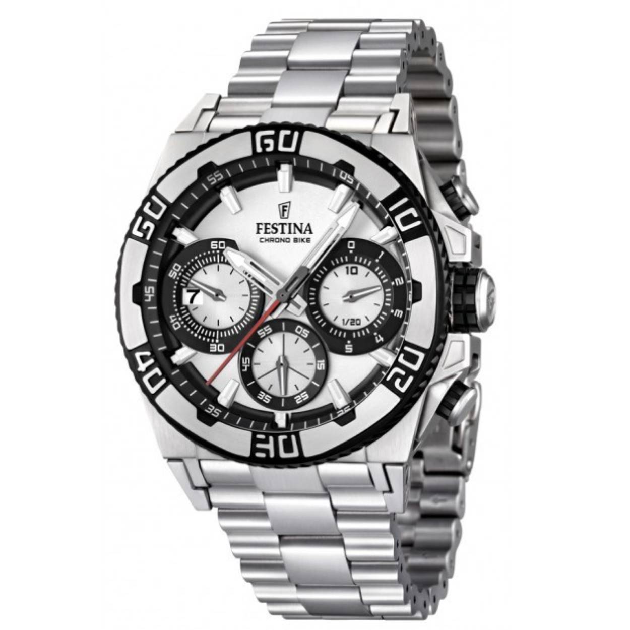 Een zilverkleurige herenhorloge van Festina.