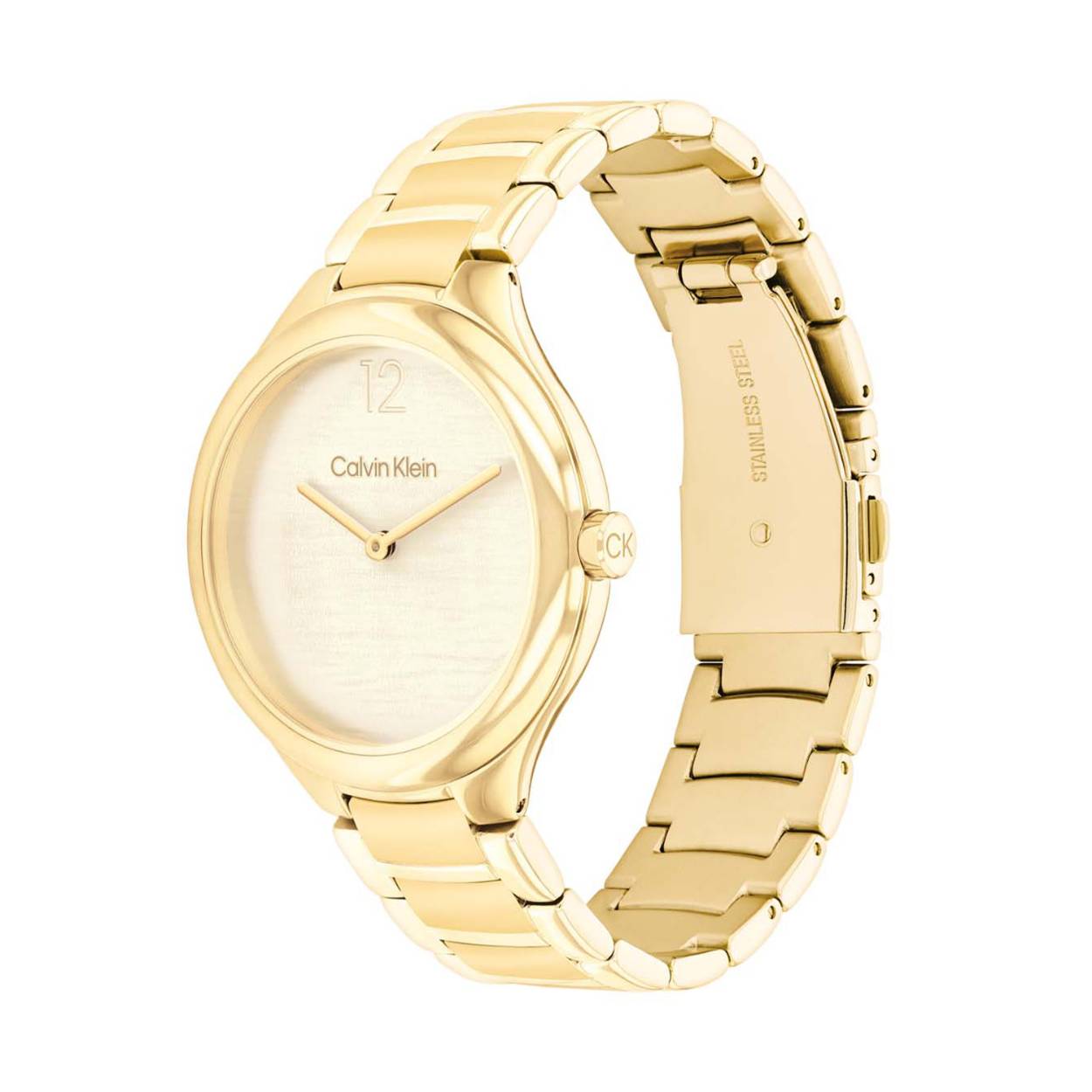 Calvin Klein CK25100048 Dames Staal Horloge 38mm 
Dit Calvin Klein dameshorloge met nr CK25100048 is een chique ontwerp. De stijlvolle goudkleurige ronde stalen kast heeft een bolle gladde goudkleurige rand en een geschuurde goudkleurige wijzerplaat met enkel de 12 en de merknaam. Sierlijk is de goudkleurige bolle schakelband aan het horloge bevestigd. Het dameshorloge heeft een mineraalglas, een doorsnee van 38mm en is 3ATM.

OVER CALVIN KLEIN
Calvin Klein is een wereldwijd lifestylemerk dat gewaagde, vooruitstrevende idealen en een verleidelijke, vaak minimalistische, esthetiek nastreeft. Calvin Klein werd groot in de jaren 70 door haar mode- en merkjeans collecties. In de jaren 80 lanceerde Calvin Klein haar spraakmakende ondergoed dat uitdrukkelijk van logo ’s voorzien was. Vanwege het grote succes is het merk ook succesvol uitgerold in Accessoires, Parfums, Home, Brillen, Golf, Horloges en Sieraden.
Sinds de oprichting in 1968 door Calvin Klein, heeft het merk haar reputatie opgebouwd als leider in de Amerikaanse mode, dankzij een cleane esthetiek en innovatieve ontwerpen. Calvin Klein wil haar publiek verleiden en inspireren door middel van provocerende beelden en opvallende ontwerpen die prikkelen. 

SPECIFICATIES:
- Mineraalglas
- Goudkleurige stalen kast
- Goud sunray wijzerplaat 
- Goudkleurige schakelband
- Ronde kastvorm, Ø 38mm
- 3ATM