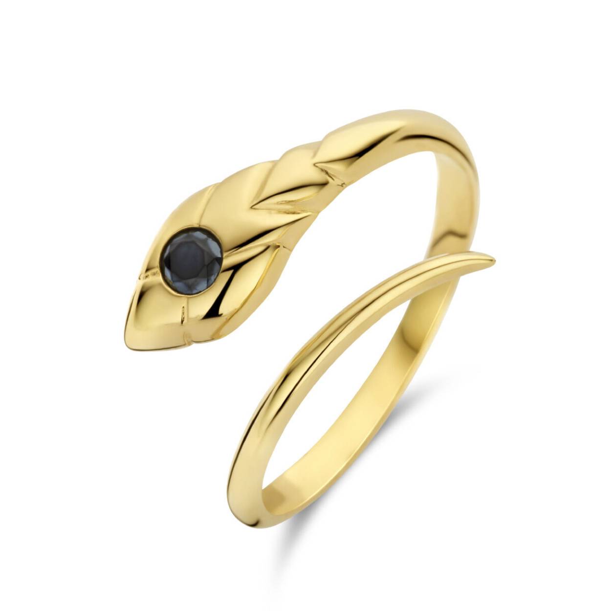 14k Geelgouden ring uitgevoerd in de vorm van een slang en met een schitterende onyx steen. De ring heeft een breedte van 13.5mm. De ring is éénmalig iets te verstellen naar een andere maat, bij voorkeur laat u dit door ons doen.