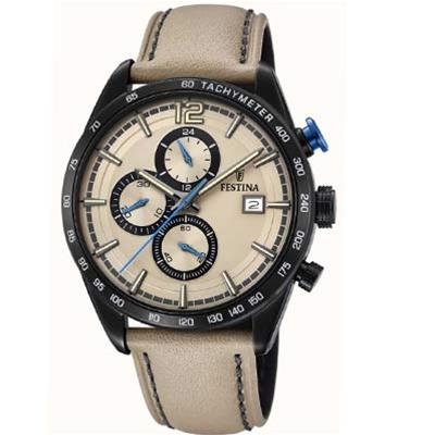 Heren Festina uurwerk met chrono met een zwart gelakte kast en zwarte wijzerplaat op een lederenband.
Met datum en seconden aanduiding.
De kast de diameter is +/- 43 mm.

Dit uurwerk is waterdicht tot 50 meter (5 ATM)
Dit betekent dat het horloge geschikt is voor douchen niet zwemmen.