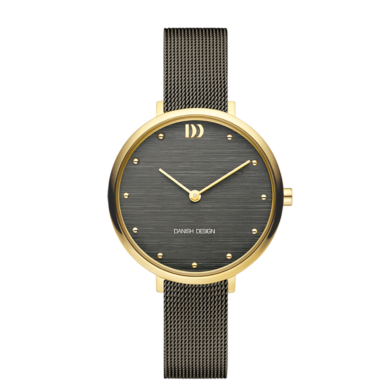 Danish Design dames horloge IV70Q1218 
Goudkleurige kast grijze wijzerplaat
Grijze mesh band
3 ATM waterdicht