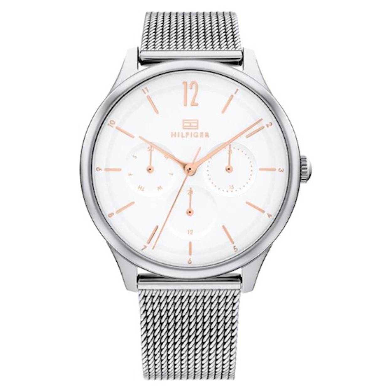 Dames Horloge met witte wijzerplaat en grijskleurige roestvrij stalen mesh-band