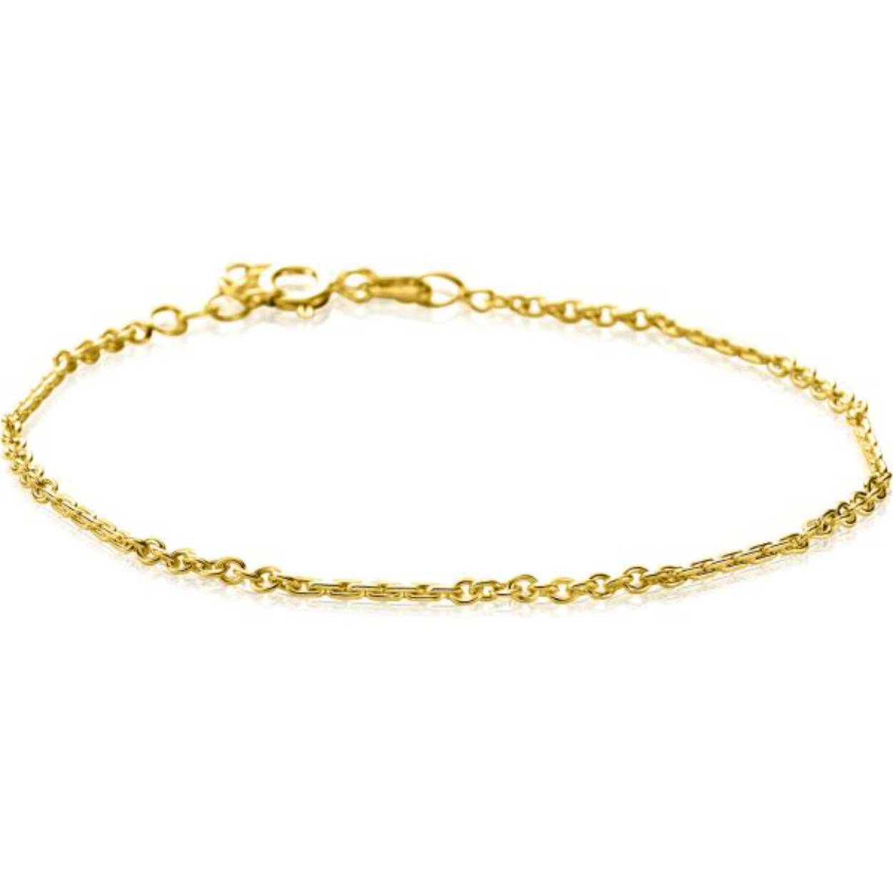 ZINZI Gold 14 karaat gouden massieve fantasie armband met bewerkte gedraaide staafjes van 2mm breed en fijne jasseron schakels. De lengte van de armband is te variëren tussen 17 en 19cm. Vervaardigd van geheel 14 karaat goud (585). En herkenbaar 'Zinzi' door het kleine gouden Zinzi hartje bij de sluiting.