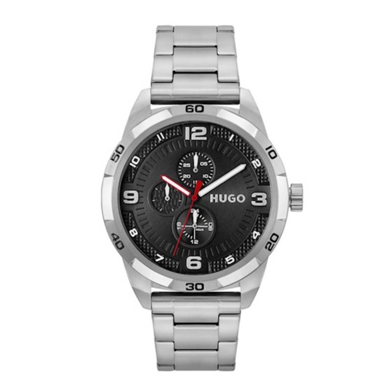 HUGO horloge met een edelstalen zilverkleurige schakelband.
De kast is zilverkleurig met een zwarte achterplaat. 
Het uurwerk is multifunctioneel dmv de 3 chronologen. 
