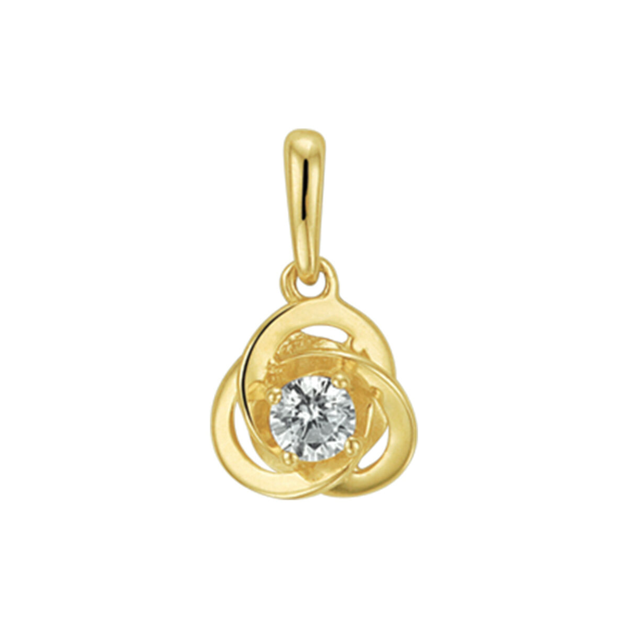Geelgouden hanger uitgevoerd met een briljant geslepen zirkonia in een chaton zetting. De hanger heeft een afmeting van 8.5x7.5mm en een zirkonia van 3mm.