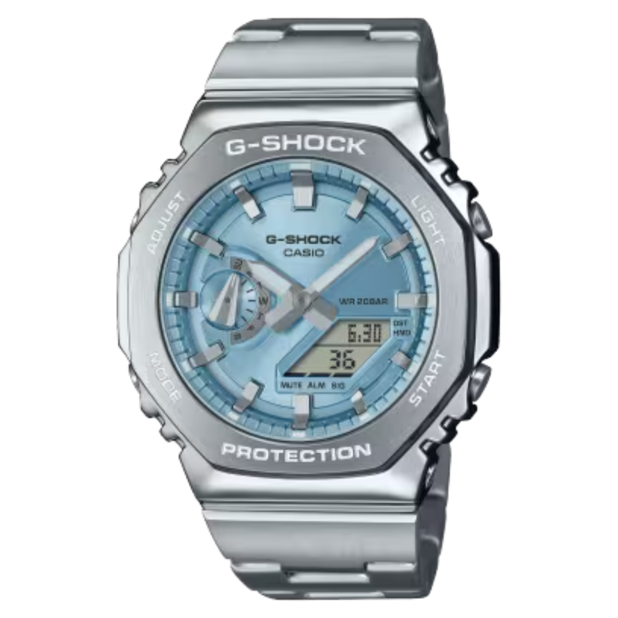 Casio G-Shock analoog/digitaal met stalen band en kast. Lichtblauwe metallic wijzerplaat. Verlichting/stopwatch/timer/alarm. 200m wd.