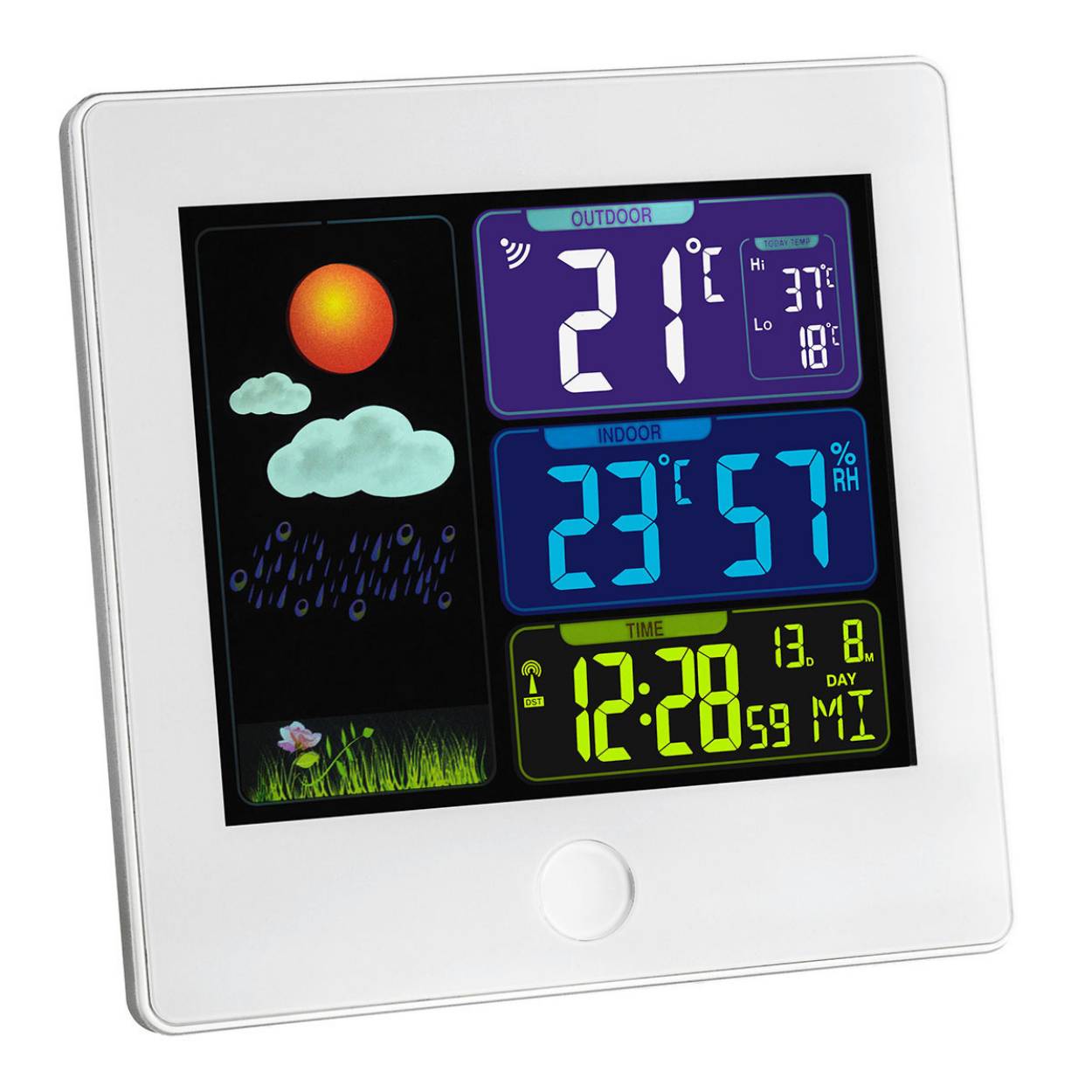 Het decoratieve SUN radioweerstation van TFA laat je het weer zien als kleurrijke illustraties! Met een blik op het verlichte kleurendisplay ben je altijd goed op de hoogte.

Zon, wolken of regendruppels - een geïntegreerde elektronische barometer meet de luchtdruk en op basis van de veranderingen geeft het weersymbool een voorspelling voor het komende weer.

De buitentemperatuur op locatie wordt direct bepaald via een eigen sensor en verschijnt met maximum en minimum waarden. Om het kamerklimaat te regelen, worden temperatuur en vochtigheid weergegeven. Met gerichte verwarming en ventilatie creëer je een prettige en gezonde leefomgeving en bespaar je zelfs op stookkosten.
