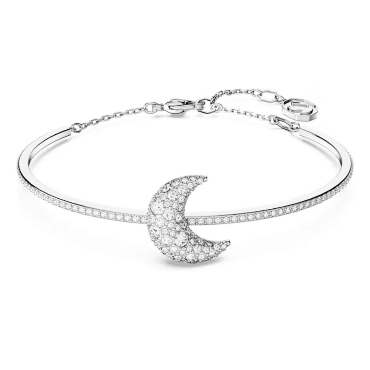 Draag de magie van de sterrenhemel om uw pols. Deze kristallen armband met een rhodium toplaag bevat een elegante halve maan in het midden, die is gedecoreerd met kristallen in vijf verschillende formaten voor een verfijnd pavé-effect. Het ontwerp is afgewerkt met een karabijnsluiting en vormt de perfecte optie om uw stijl te laten stralen.