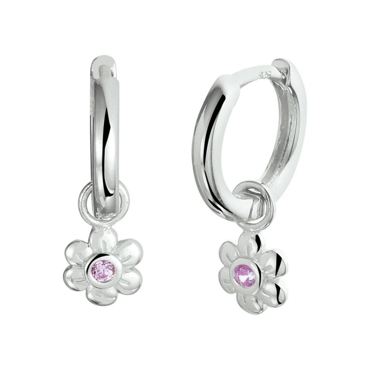 Gerhodineerd 925 zilveren oorringen uitgevoerd met een bloem en een schitterende roze zirkonia. De totale afmeting van de oorringen is 12x2mm. De afmeting van de hanger is 10x5.5mm.