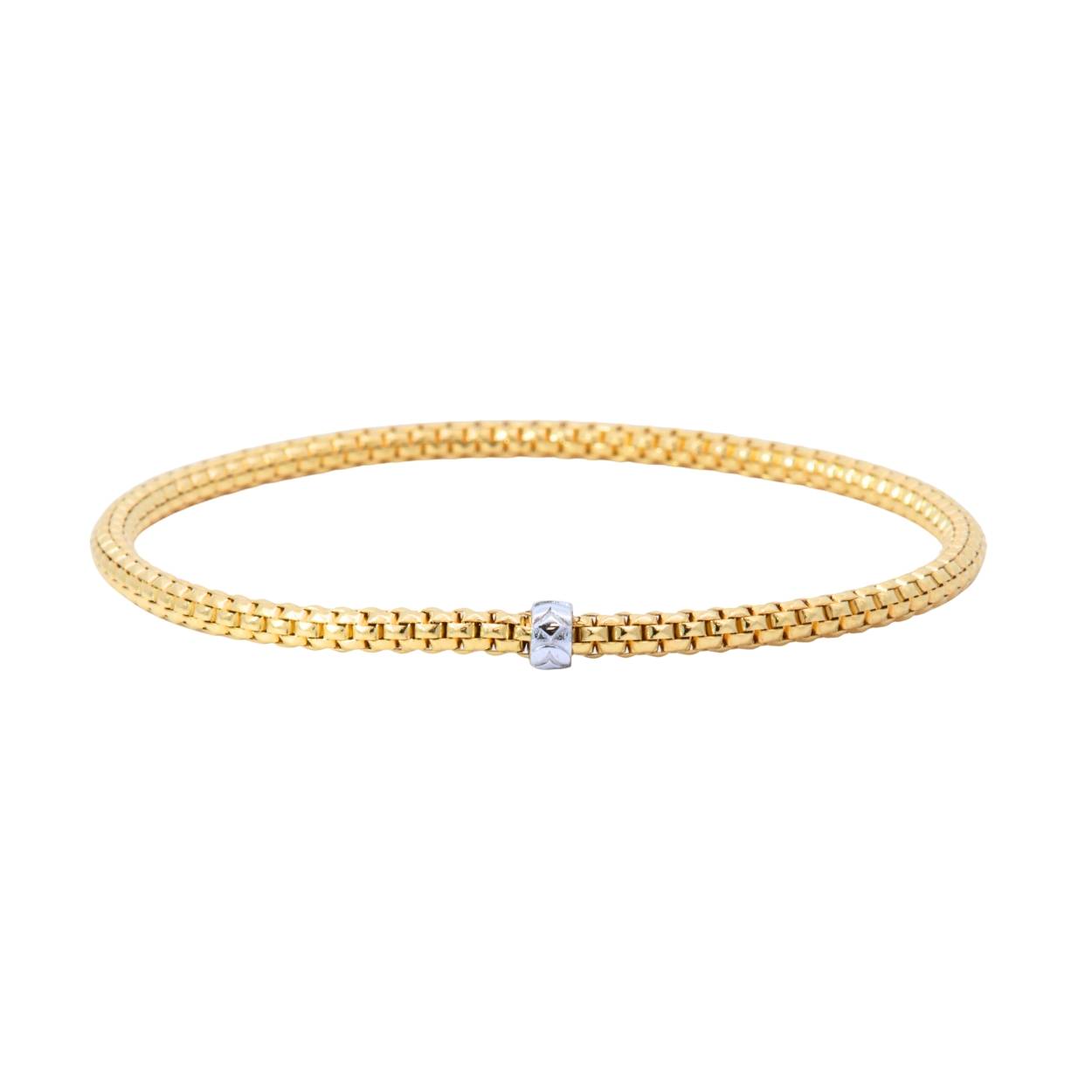 Geel gouden stretcharmband van 18kt goud met een wit gouden element.