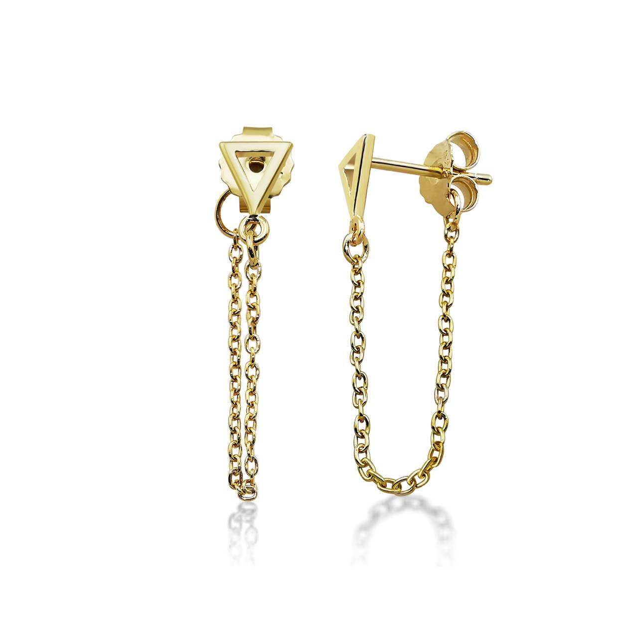 Bestel snel deze leuke oorhangers met open Triangle en trendy kettinkje van Jwls4u! Erg leuk als 2e oorbel. Kijk voor leuke combinaties met studs en oorringen op deze site en maak je eigen Earparty. Deze studs zijn gemaakt van 925 zilver en zijn verguld met 1 micron goud. Super kleurvast, dus je zal er lang plezier van hebben. 

