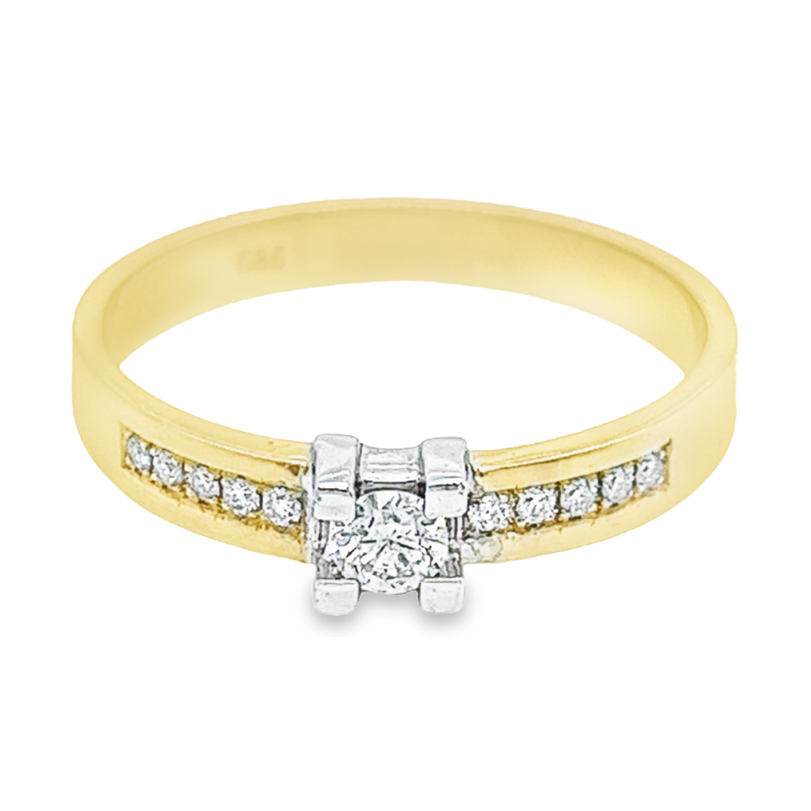 Deze geel gouden ring heeft een werkelijk schitterende uitstraling. De briljant geslepen diamant zorgt voor deze prachtige schittering. Het totaal karaat gewicht is 0,23 en de briljant is van goede kwaliteit met zuiverheid SI1 en kleur White Wesselton. De zetpoten zijn van bovenaf witgoud van kleur waardoor de briljant schittering extra mooi wit van kleur is. Deze ring is erg solide gemaakt en de scheen is erg stevig.