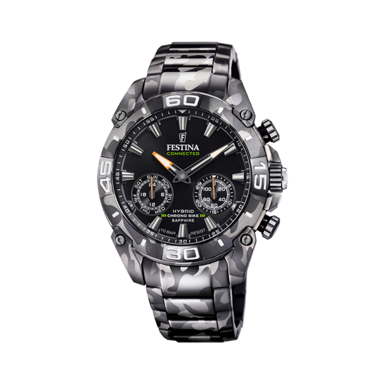 Festina herenuurwerk uit de 'Chrono Bike' collectie - SPECIAL CONNECTED EDITION: Gebruik je uurwerk zoals een normaal uurwerk of verbind het met je smartphone en geniet van alle functies van een smartwatch - Stalen band en kast in camouflagekleuren - Zwarte wijzerplaat 'multifunctie' - Saffierglas - Waterdichtheid: 10 ATM - Verpakt in een mooi koffertje met extra rubberen band in camouflagekleuren