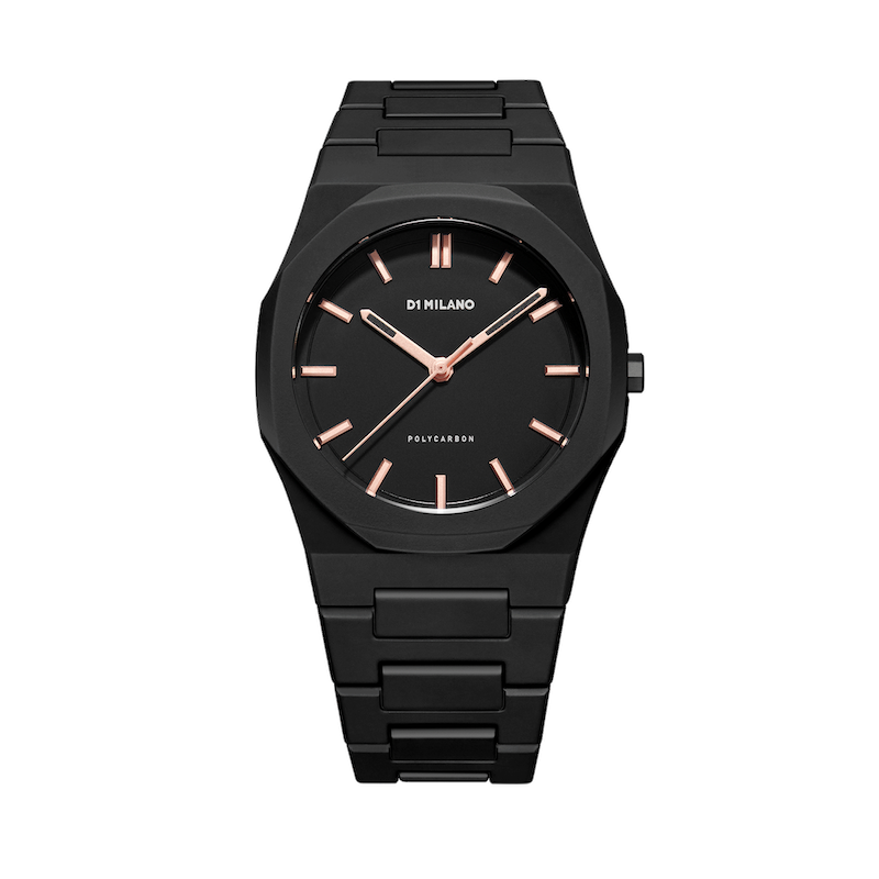 D1 Milano herenuurwerk
Collectie: Polycarbon
Zwarte band en kast in polycarbonaat
Rosé gouden uuraanduiding
Ultra licht uurwerk