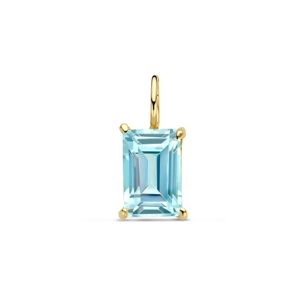 14k Geelgouden hanger uitgevoerd met blauw topaas. De hanger heeft een afmeting van 10.5x4.5mm.