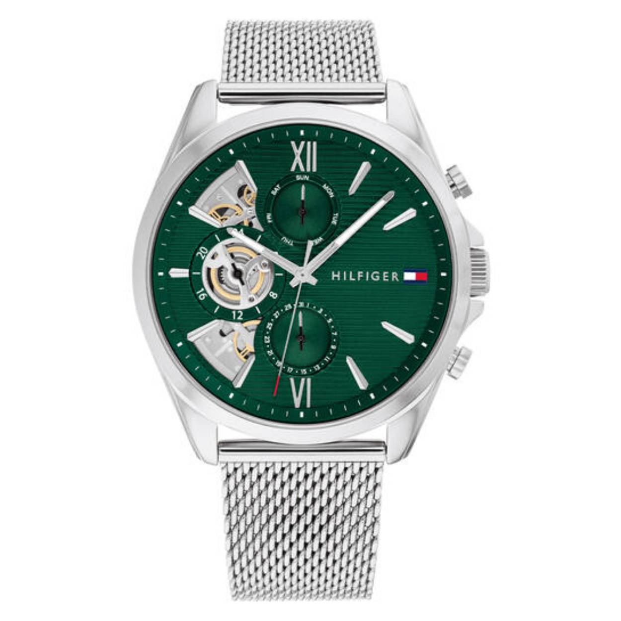 Tommy Hilfiger TH1710647 Horloge Heren Staal Zilverkleurig 44mm
Dit specifieke horloge van Tommy Hilfiger uit de Baker serie met artikelnr: TH1710647 is een stoer herenhorloge die zeker in je collectie past. Het stalen herenhorloge heeft een ronde zilverkleurige kast met een gladde bezel en een groene wijzerplaat met dag,- datum en 24-uursaanduiding en zilverkleurige wijzers en accenten. De zilverkleurige milanese band is op lengte verstelbaar en heeft een druksluiting. Het horloge heeft een mineraalglas, een doorsnee van 44mm en is 5ATM. 

Het merk:
Sinds de lancering van het merk in 1985 is Tommy Hilfiger wereldwijd bekend geworden als pionier van de klassieke Amerikaanse coole stijl. Geïnspireerd door de iconische popcultuur en het Amerikaanse erfgoed. De dames en herencollectie van dit seizoen bestaan uit minimalistische silhouetten en rustieke lederen details. De herenhorlogecollectie biedt iconische uurwerken met roestvrijstalen, lederen en siliconen banden.

Specificaties:
- Mineraalglas
- Ronde kast 44mm
- Zilverkleurige horlogekast
- Groene wijzerplaat
- Zilverkleurige milanese band 
- 5ATM