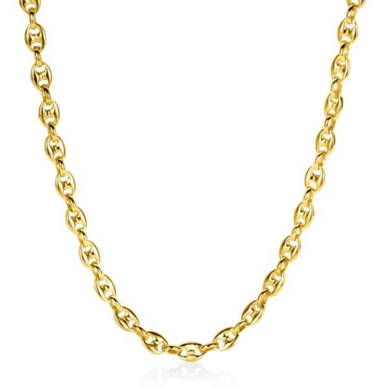 ZINZI gold plated zilveren koffieboon schakelketting 45cm van 5mm breed. Valt sierlijk om iedere hals. De lengte van de ketting is te variëren tussen 42 en 45cm door het handige verlengkettinkje. Bij sluiting herkenbaar ZINZI, door het zilveren Zinzi hartje. Vervaardigd van eerste gehalte zilver (925) en voorzien van een extra 14K geel vergulding.