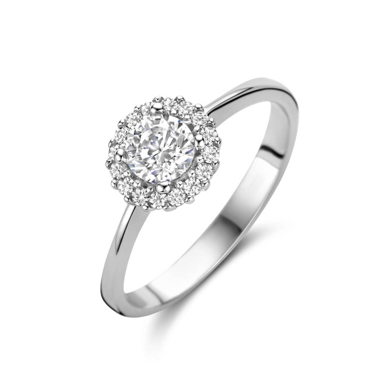Gerhodineerd 925 zilveren ring uitgevoerd met zirkonia. De ring heeft een diameter van 8mm.