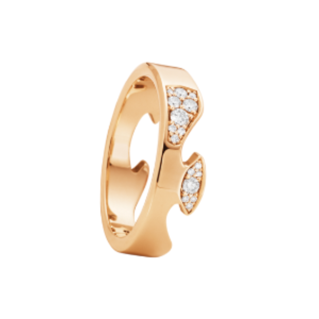 The fluid, organic form of the classic Fusion ring is highlighted by bursts of pavé set brilliant cut diamonds that appear like clouds against the polished background of this 18-karat rose gold end ring.