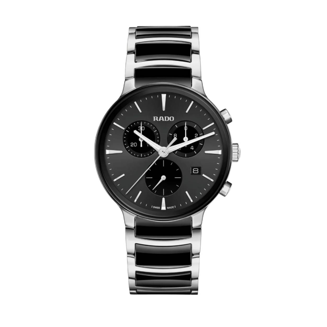Ervaar de harmonieuze mix van artistieke expressie en verfijnd design met de Centrix Chronograaf. De kast van 41 mm, vervaardigd uit roestvrij staal, is bekroond met gebogen saffierglas met een antireflectiecoating aan beide zijden, voor een onberispelijke afleesbaarheid. De Calibre R312 quartz chronograaf zet een nieuwe standaard in precisie. Uitgerust met 22 juwelen en een configuratie met zes wijzers, integreert dit uurwerk Precidrive- en Heavydrive-technologieën voor een onwrikbare nauwkeurigheid van +/- 10 seconden per jaar. De zwarte sunray wijzerplaat, versterkt door rhodiumkleurige indexen met witte Super LumiNova®, straalt verfijnde verfijning uit. Drie zorgvuldig geplaatste tellers omvatten een 30-minutenteller, een tiende-seconde-tracker met nauwkeurige chronograaffunctionaliteit en een kleine secondewijzer op 6 uur. Het discrete datumvenster op vier uur voegt een vleugje praktische elegantie toe. Het algehele uiterlijk van dit iconische horloge wordt gecompleteerd door elegant afgestelde kastaanzetten en een band van gepolijst roestvrij staal met zwarte hightech keramische middenschakels, vastgezet met een drievoudige sluiting van geborsteld roestvrij staal.