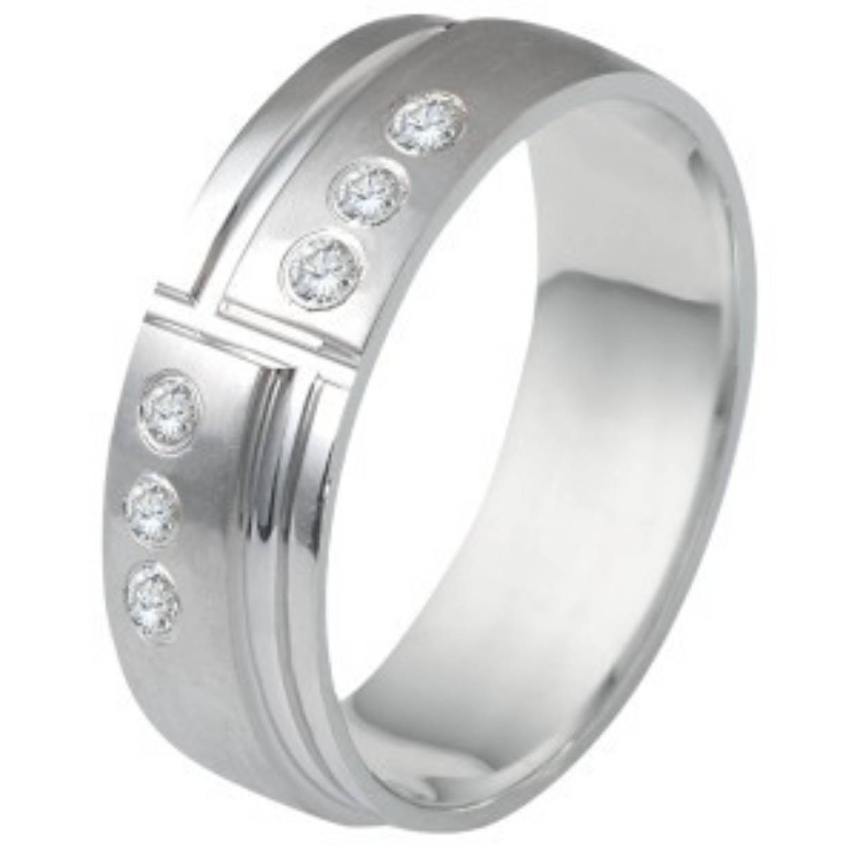 585 witgouden trouwringen. Mat/glimmend. 5 en 7 mm breed. de dames ring is gezet met 0.060ct briljant 6steens