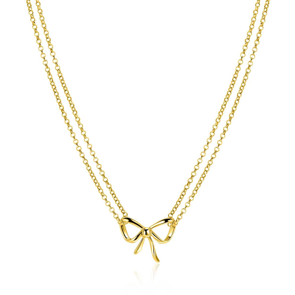 ZINZI gold plated zilveren multi-look ketting met opvallende strik (15mm). De lengte van de ketting is te vari&euml;ren tussen de 40 cm en 43 cm. De ketting is vervaardigd van eerste gehalte zilver (925) en extra geel verguld.