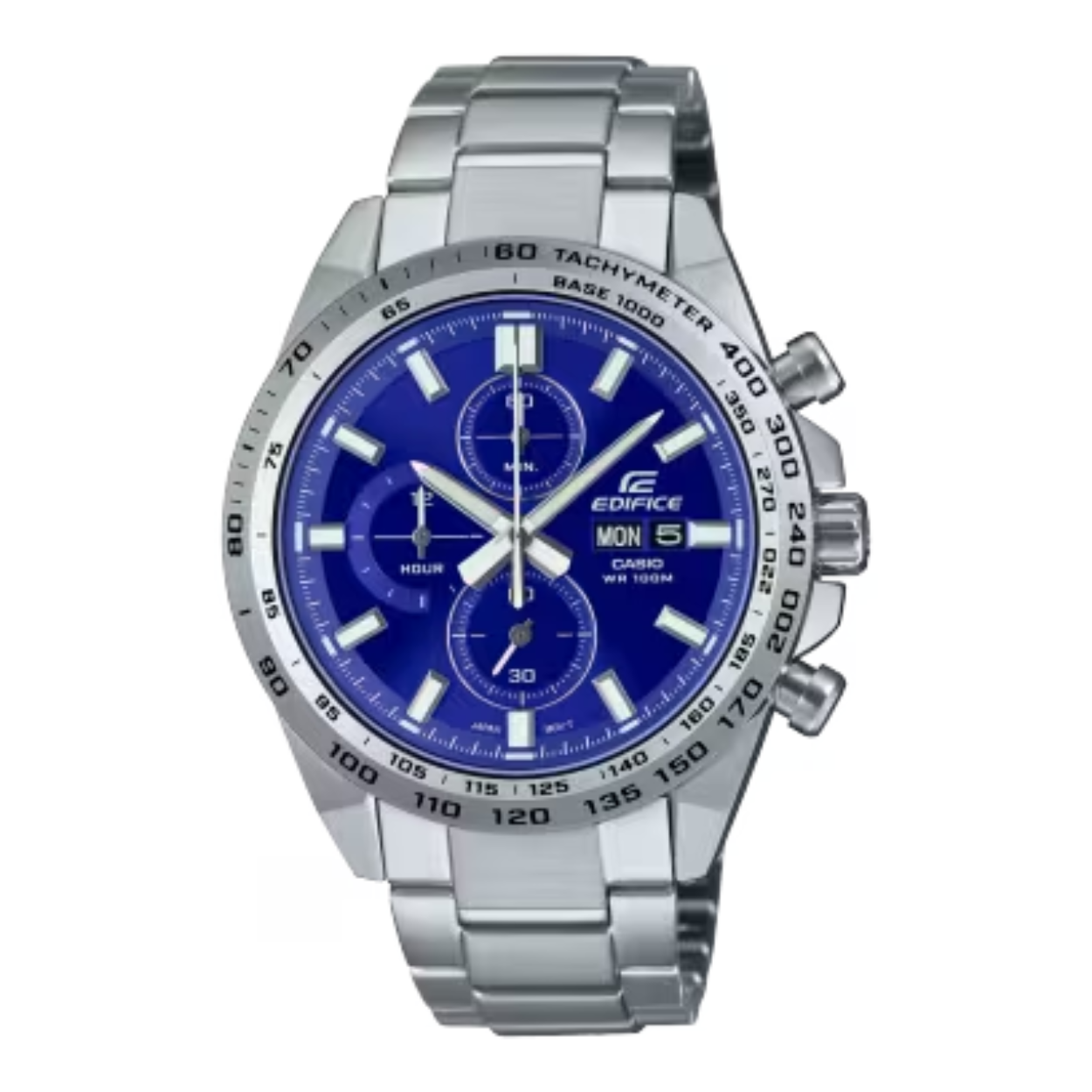 Maak een dynamisch, gewaagd statement met deze klassieke EDIFICE-chronograaf. Bij dit design draait het allemaal om sport. 

De opvallende blauwe wijzerplaat heeft een handige dag- en datumweergave.