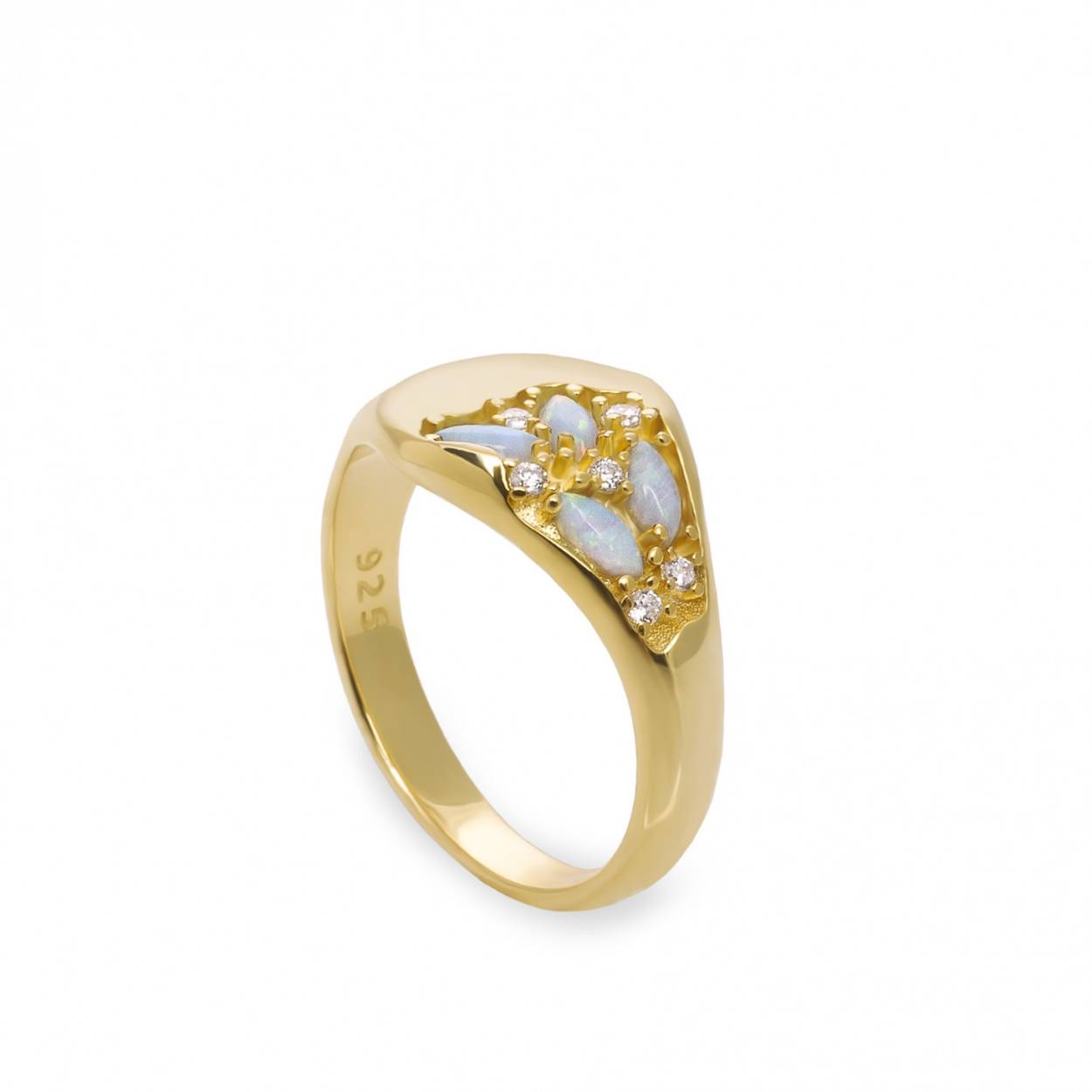 Signet ring in silver made for women. A perfect ring for the mix & match trend. Gold-plated silver signet ring made up of a moved motif of marquise-cut opals and zirconia. Let yourself be seduced by the harmony brought by opals.