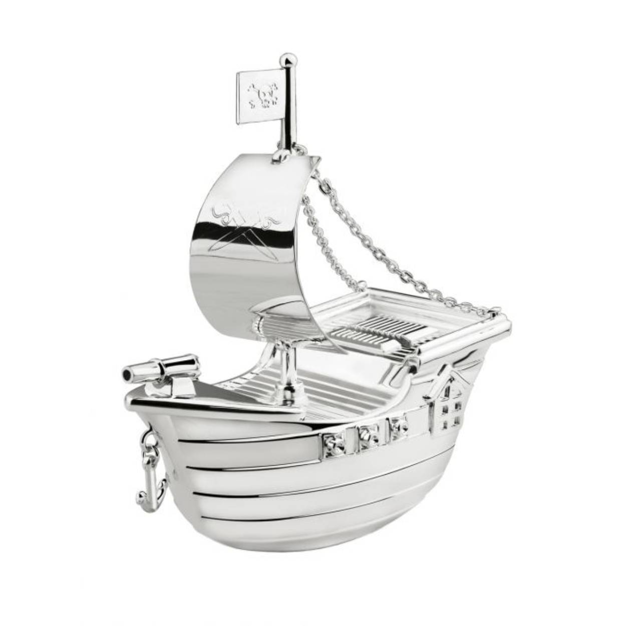 Mooie Zilverstad Spaarpot in de vorm van een Piratenboot. Afmetingen zijn 13.5x6.5x15.5 centimeter. met graveerplaatje.