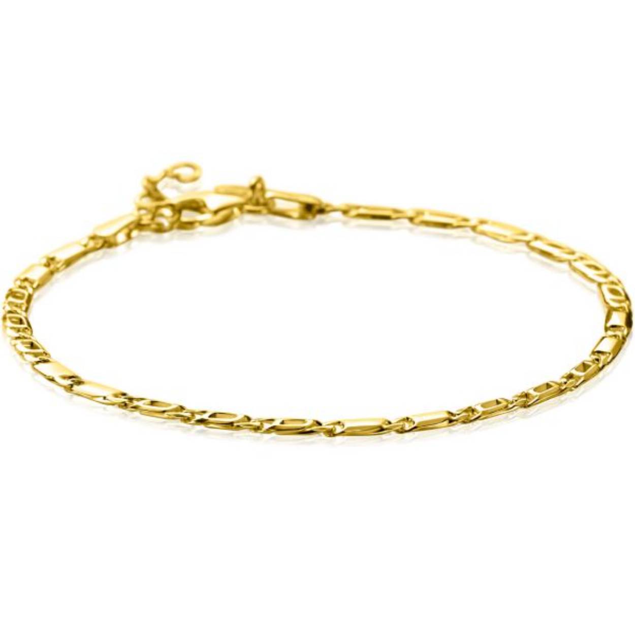 ZINZI Gold 14 karaat gouden massieve armband met valkenoog schakels gecombineerd met glimmende plaatjes van 2,6mm breed. De lengte van de armband is te variëren tussen 17 en 19cm. Vervaardigd van geheel 14 karaat goud (585). En herkenbaar 'Zinzi' door het kleine gouden Zinzi hartje bij de sluiting.