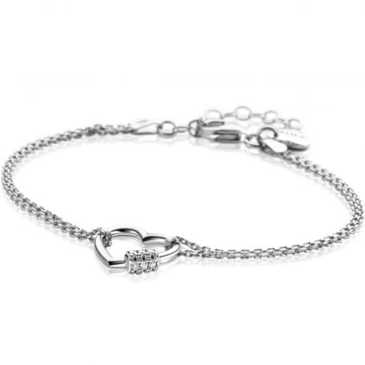 ZINZI zilveren dubbele schakelarmband met luxe hart (14mm) bezet met witte zirconia's. Het hart is in het midden verbonden met de schakelkettingen. De lengte is te variëren tussen 17cm en 20cm door het handige verlengkettinkje. Met herkenbaar Zinzi hartje bij de sluiting. De armband is vervaardigd van eerste gehalte zilver (925) en extra gerodineerd.
