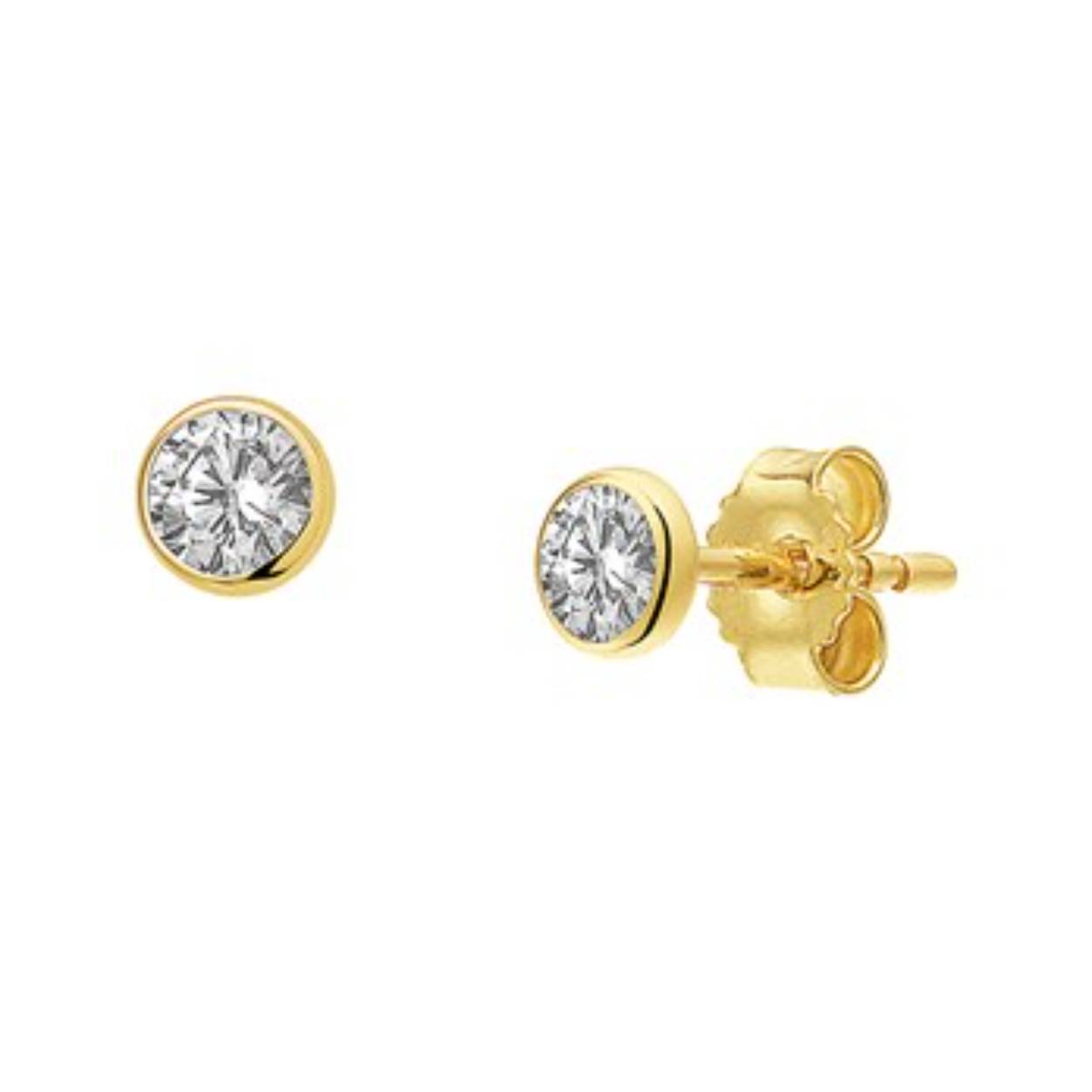 Geelgouden oorknoppen met een briljant geslepen zirkonia van 4mm uitgevoerd met stevige poussette sluiting.