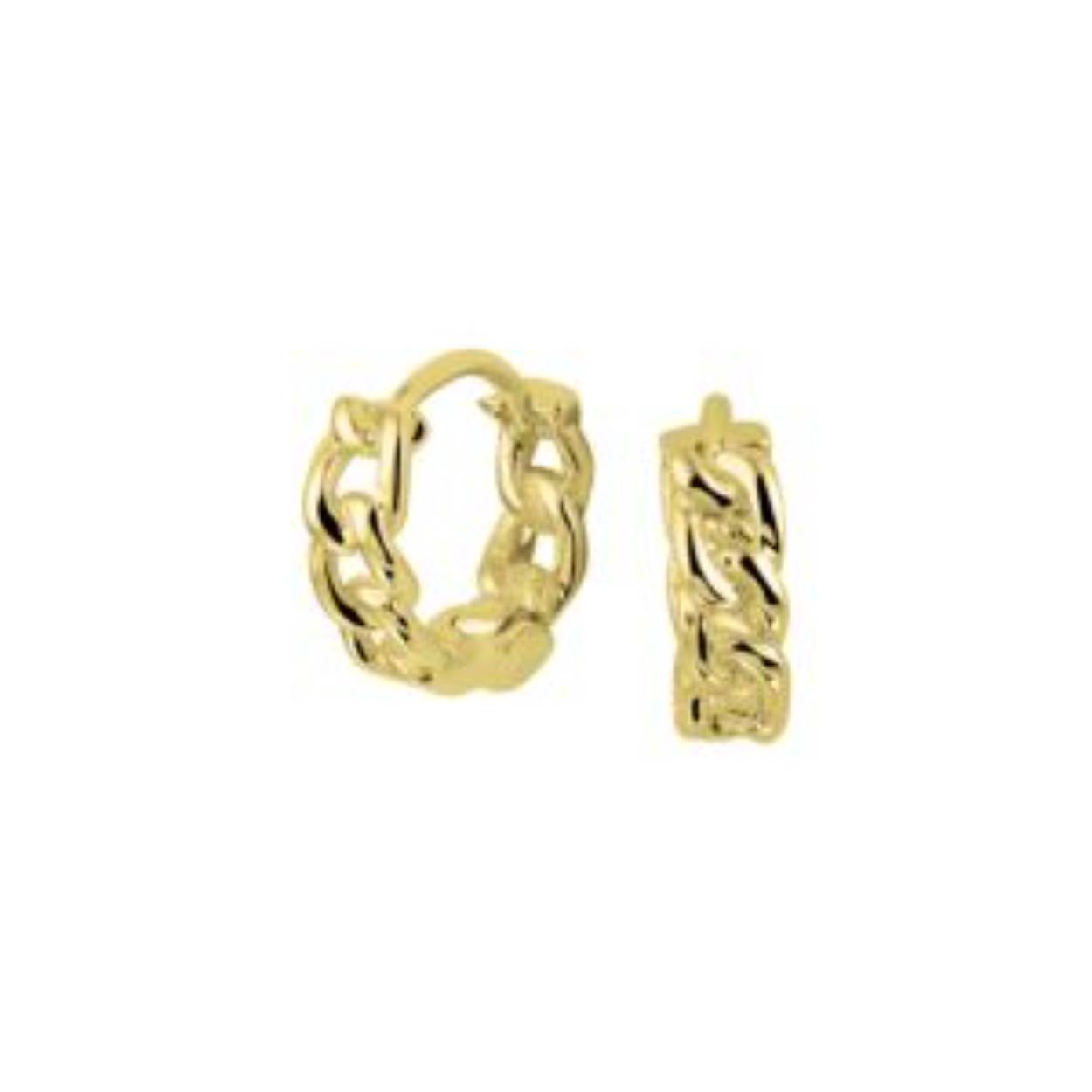 Trendy geelgoud op zilveren klapoorringen met een schakelmotief en een stevige scharniersluiting. De klapoorringen zijn goed te combineren met bijpassende sieraden uit onze collectie. Geen garantie op plating.